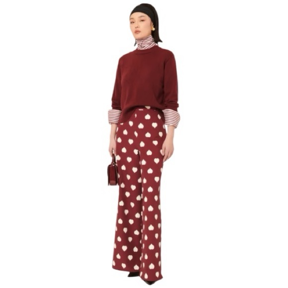 Tara Jarmon Positivo Burgundy W/White Hearts Pants, Nwt, French Size 44/ Size 10